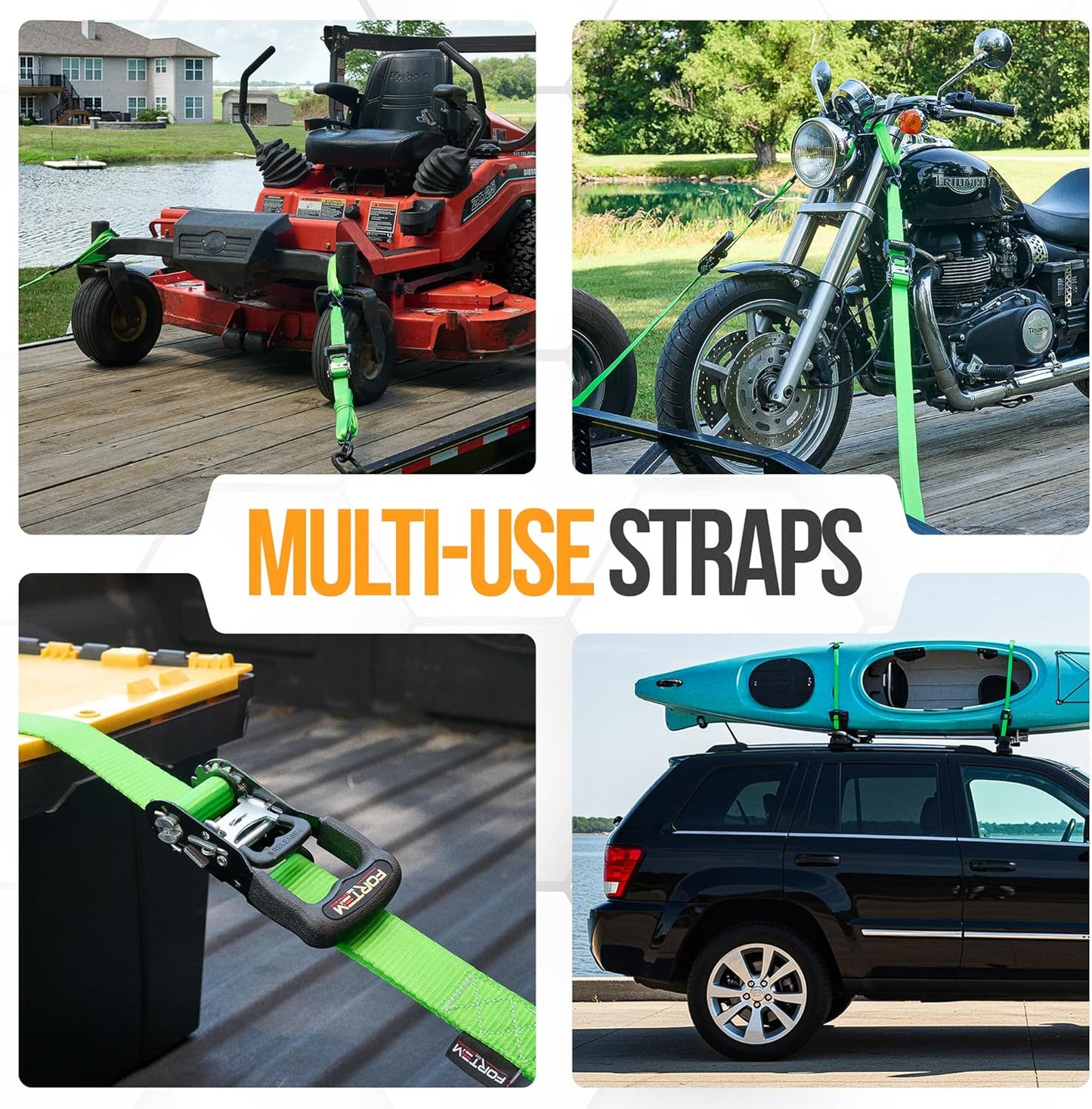 Ratchet Tie down Straps, 5208Lb Break Strength, 4 Pack 10Ft X 1.5In Heavy Duty Straps, 4 Soft Loops, Cam Buckles for Motorcycles, Safety Lock S Hooks, Carry Bag