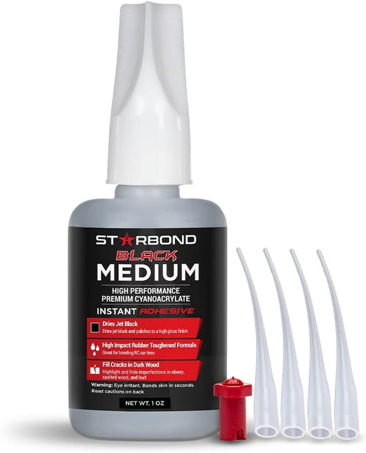 Premium Grade Cyanoacrylate (CA) Super Glue, Black Medium Crack Filler 150 CPS Viscosity Adhesive for Woodworking, Woodturning, Carpentry, 1Oz (28G)