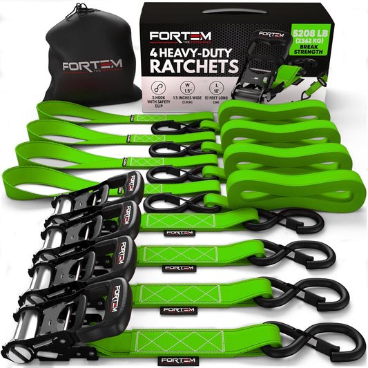 Ratchet Tie down Straps, 5208Lb Break Strength, 4 Pack 10Ft X 1.5In Heavy Duty Straps, 4 Soft Loops, Cam Buckles for Motorcycles, Safety Lock S Hooks, Carry Bag